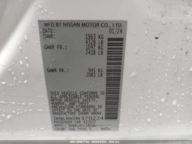 1N4BL4DV2RN370224 Nissan Altima Sv Fwd