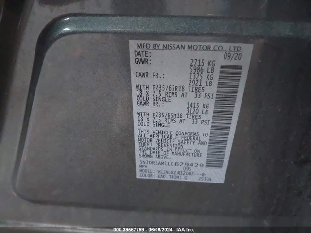 Nissan Pathfinder S 4wd 2020 5N1DR2AM1LC629429 Image 9