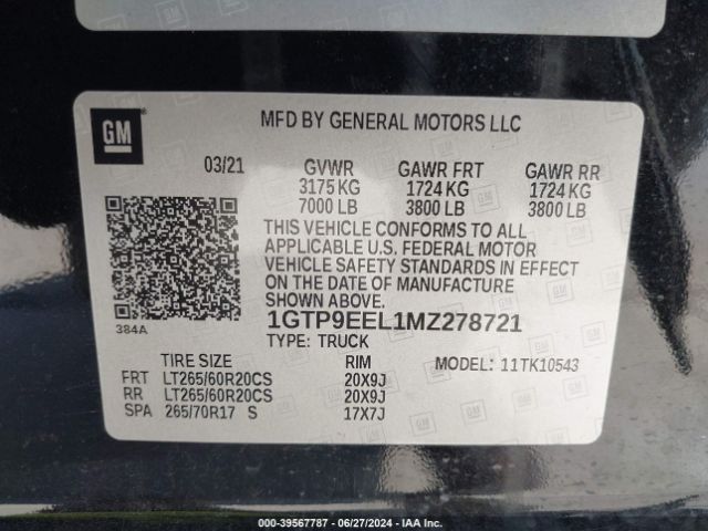 1GTP9EEL1MZ278721 GMC Sierra 1500 4wd  Short Box At4