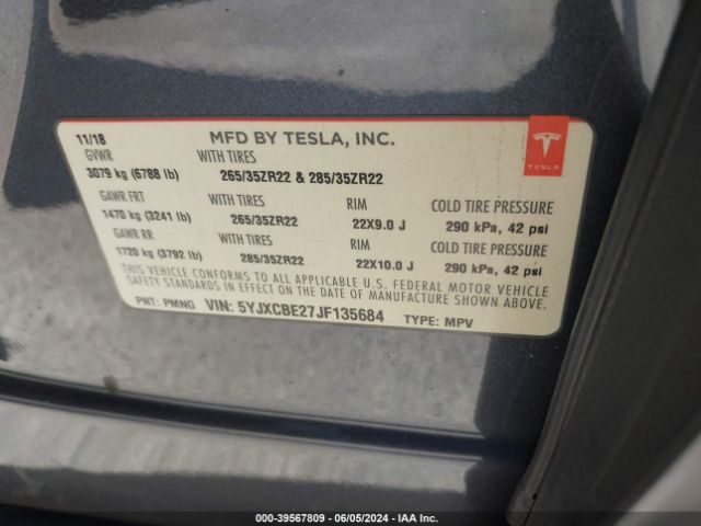 5YJXCBE27JF135684 Tesla Model X 100d/75d/p100d