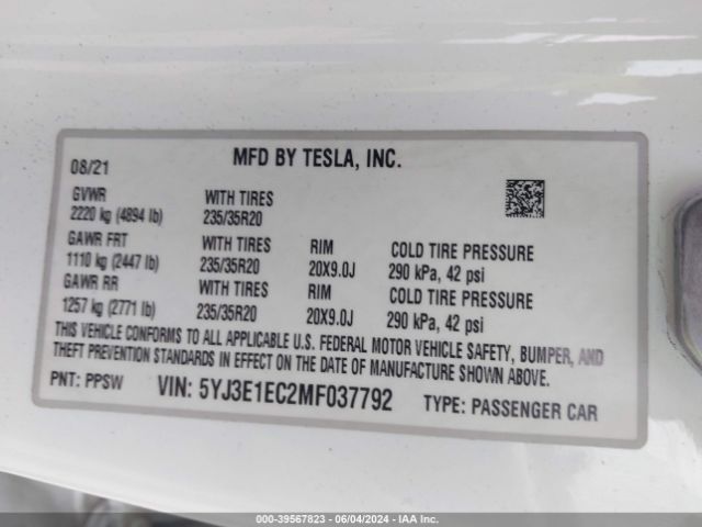5YJ3E1EC2MF037792 Tesla Model 3 Performance Dual Motor All-wheel Drive