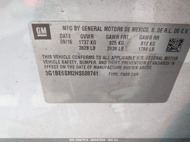 3G1BE6SM2HS508741 Chevrolet Cruze Lt Auto