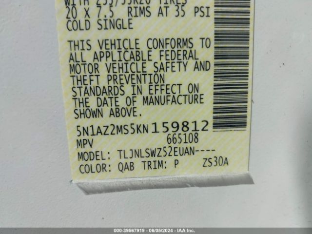 5N1AZ2MS5KN159812 Nissan Murano Platinum