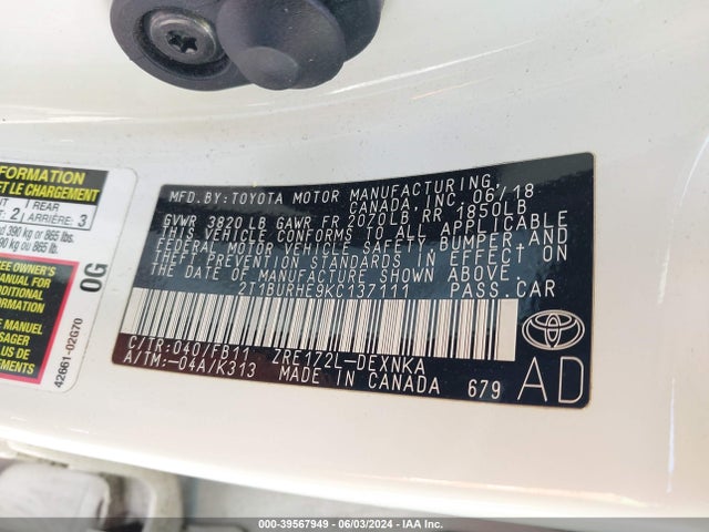 Toyota COROLLA LE 2019 2T1BURHE9KC137111 Image 9