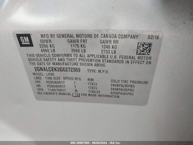 Chevrolet EQUINOX LT 2016 2GNALCEK2G6272369 Image 9