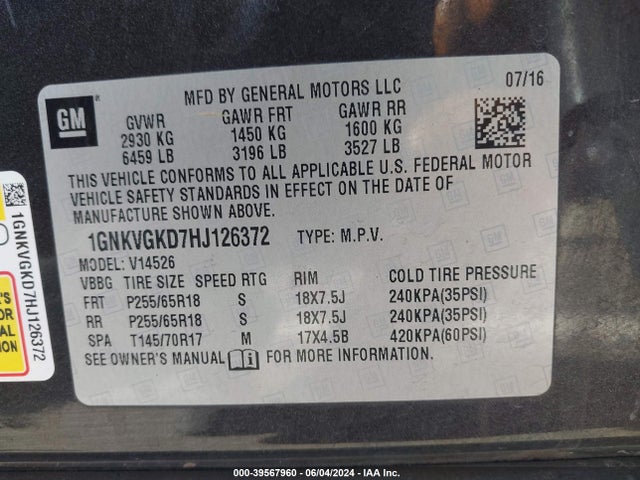 Chevrolet Traverse 1lt 2017 1GNKVGKD7HJ126372 Image 9