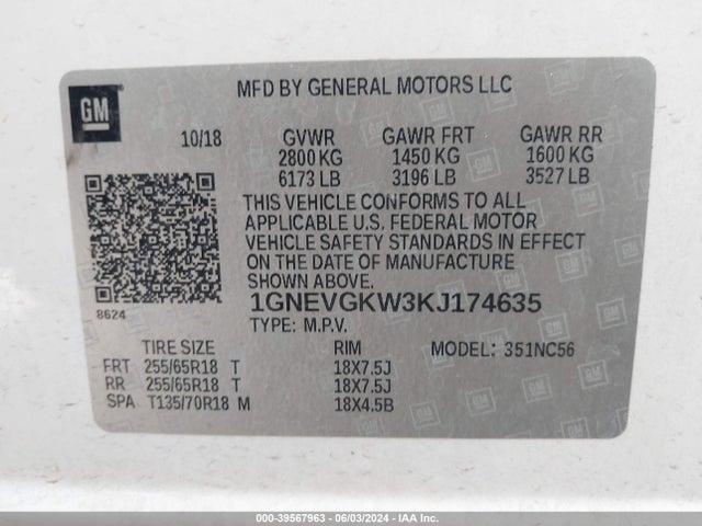 Chevrolet Traverse 1lt 2019 1GNEVGKW3KJ174635 Image 9