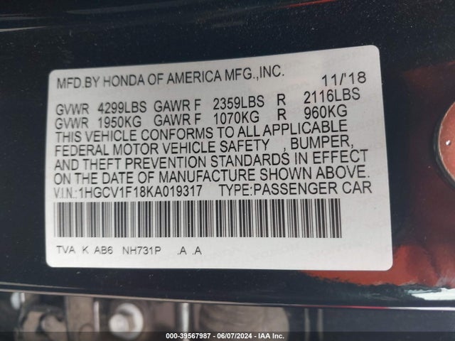 Honda ACCORD LX 2019 1HGCV1F18KA019317 Image 9