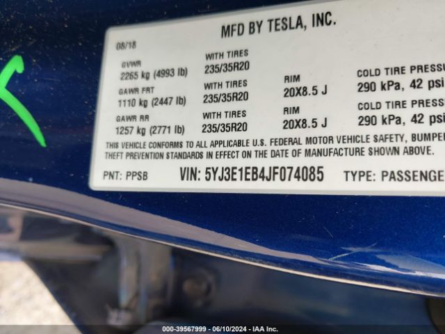 5YJ3E1EB4JF074085 Tesla Model 3 Long Range/performance