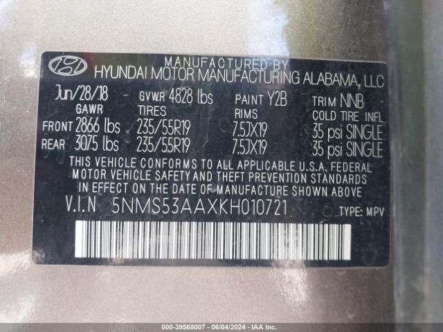 5NMS53AAXKH010721 Hyundai Santa Fe Limited 2.0t