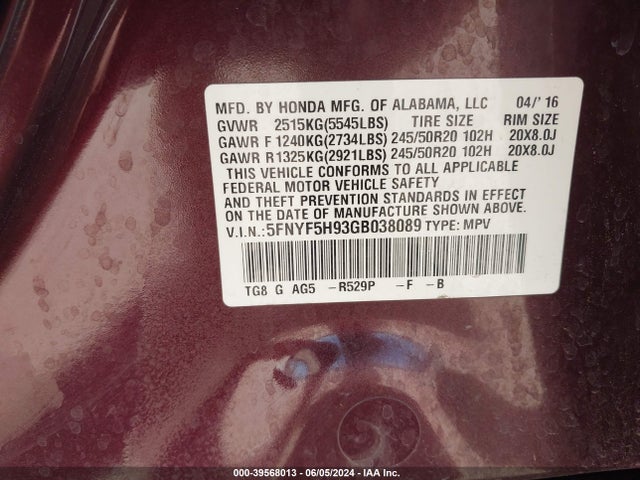 Honda Pilot Touring 2016 5FNYF5H93GB038089 Image 9