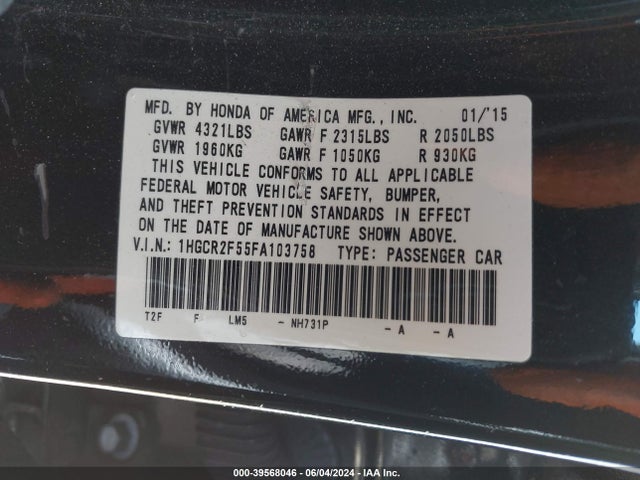 Honda Accord Sport 2015 1HGCR2F55FA103758 Image 9