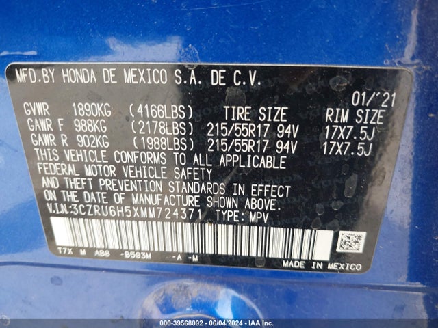 Honda Hr-v Awd Ex 2021 3CZRU6H5XMM724371 Image 9