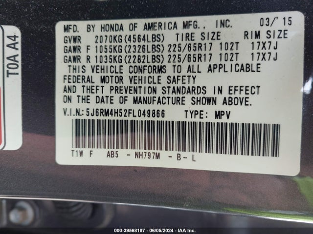 Honda CR-V EX 2015 5J6RM4H52FL049866 Image 9