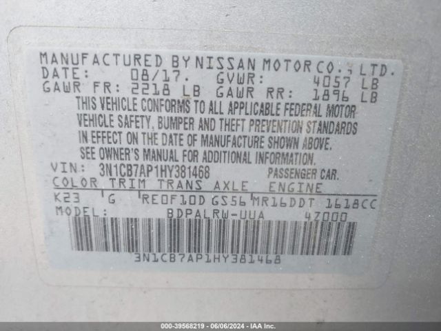 3N1CB7AP1HY381468 Nissan Sentra Sr Turbo