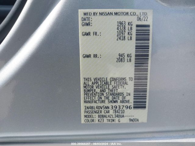 1N4BL4DV5NN393796 Nissan Altima Sv Fwd