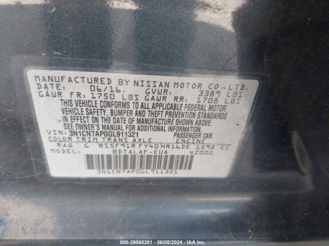 3N1CN7AP0GL911321 Nissan Versa 1.6 S