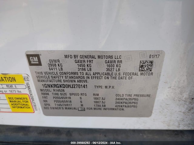 Chevrolet Traverse 1lt 2017 1GNKRGKD0HJ270141 Image 9