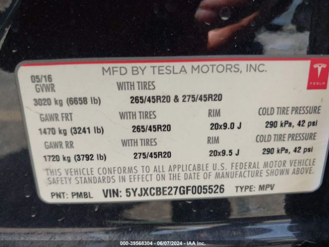 5YJXCBE27GF005526 Tesla Model X 60d/70d/75d/90d/p100d