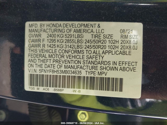 Honda Passport Awd Ex-l 2021 5FNYF8H53MB034635 Image 9
