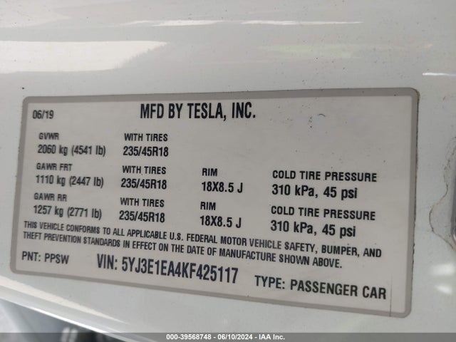 Tesla Model 3 Long Range/mid Range/standard Range/standard Range Plus 2019 5YJ3E1EA4KF425117 Image 9