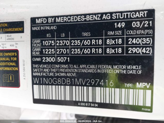 W1N0G8DB1MV297416 Mercedes-Benz Glc 300 Suv