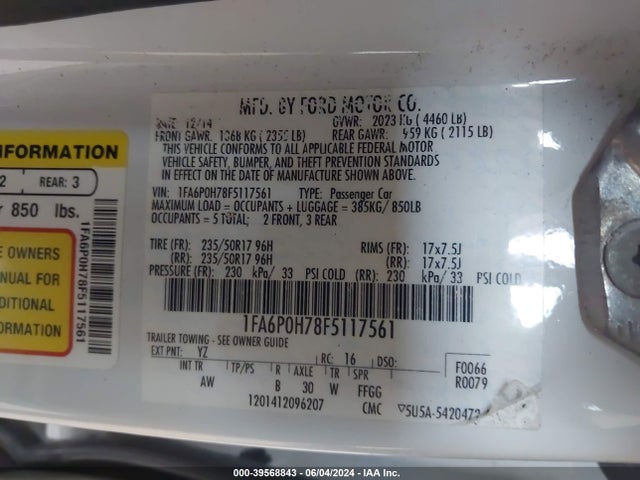 Ford FUSION SE 2015 1FA6P0H78F5117561 Image 9