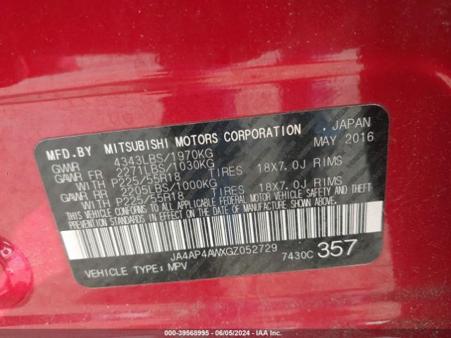 JA4AP4AWXGZ052729 Mitsubishi Outlander Sport 2.4 Sel