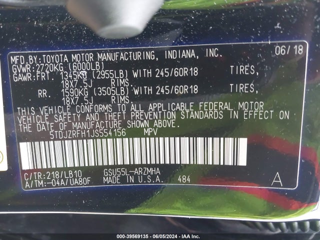 Toyota Highlander Xle 2018 5TDJZRFH1JS554156 Image 9