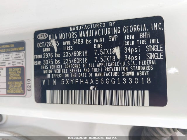 KIA Sorento 3.3l Ex 2016 5XYPH4A56GG133018 Image 9