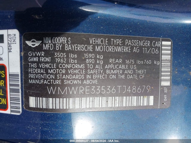 2006 MINI COOPER S WMWRE33536TJ48679 Photo 8