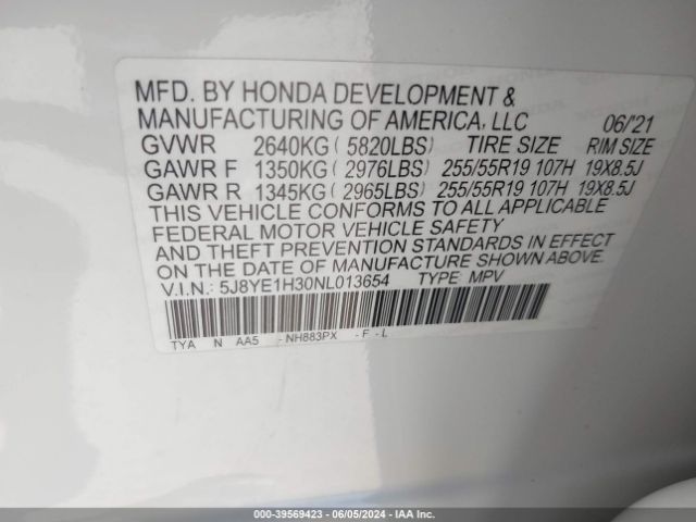 5J8YE1H30NL013654 Acura Mdx Standard