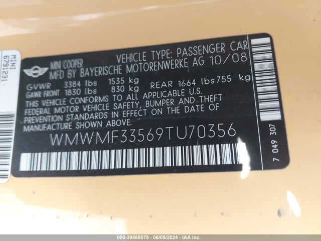 2009 MINI COOPER WMWMF33569TU70356 Photo 8