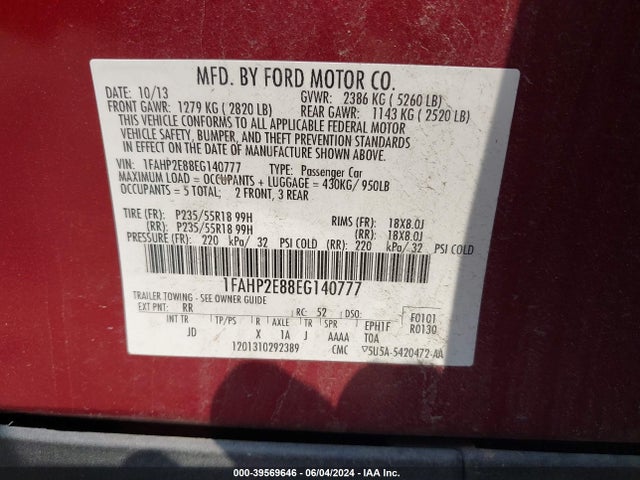 Ford TAURUS SEL 2014 1FAHP2E88EG140777 Image 9