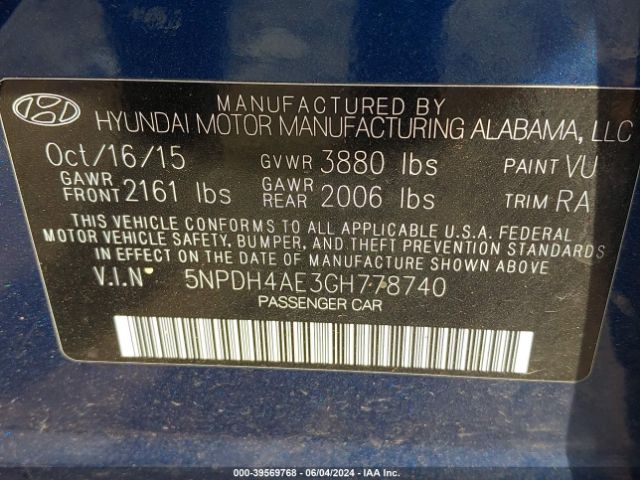 5NPDH4AE3GH778740 Hyundai ELANTRA SE