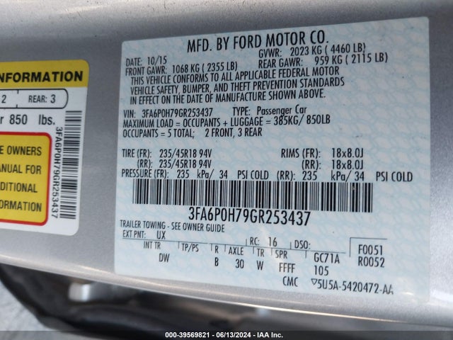 Ford FUSION SE 2016 3FA6P0H79GR253437 Image 9