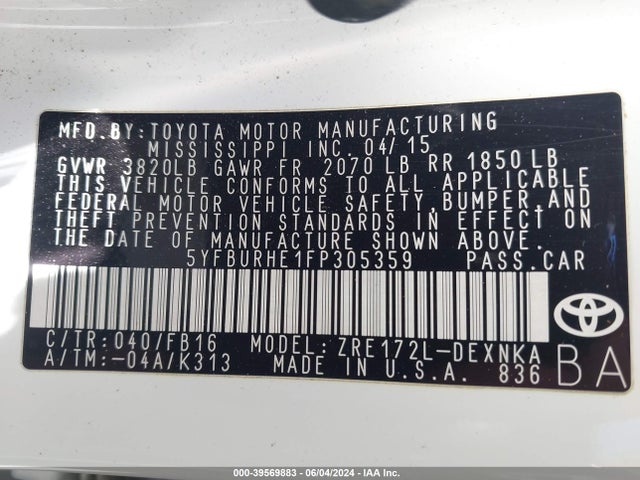 Toyota COROLLA LE 2015 5YFBURHE1FP305359 Image 9