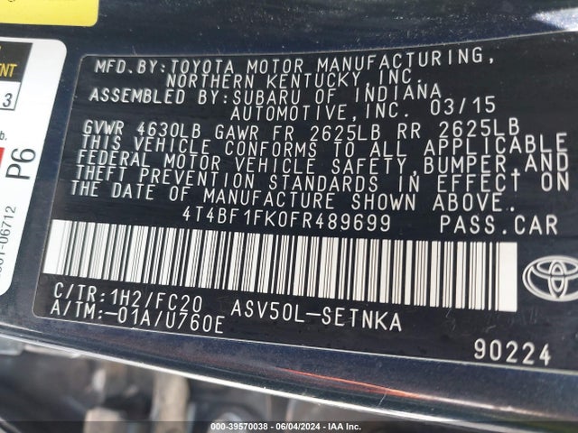 Toyota CAMRY LE 2015 4T4BF1FK0FR489699 Image 9