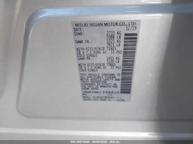 5N1DR2CM8LC598810 Nissan Pathfinder Sl 4wd