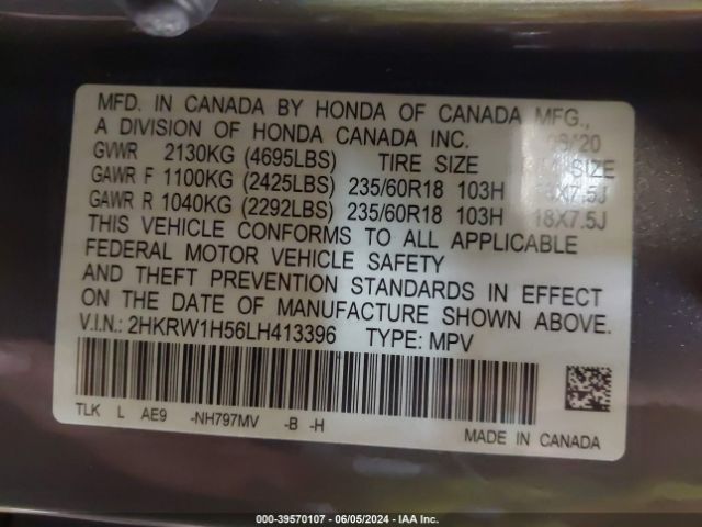 2HKRW1H56LH413396 Honda Cr-v 2wd Ex