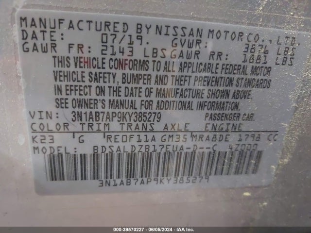 Nissan SENTRA SV 2019 3N1AB7AP9KY385279 Image 9