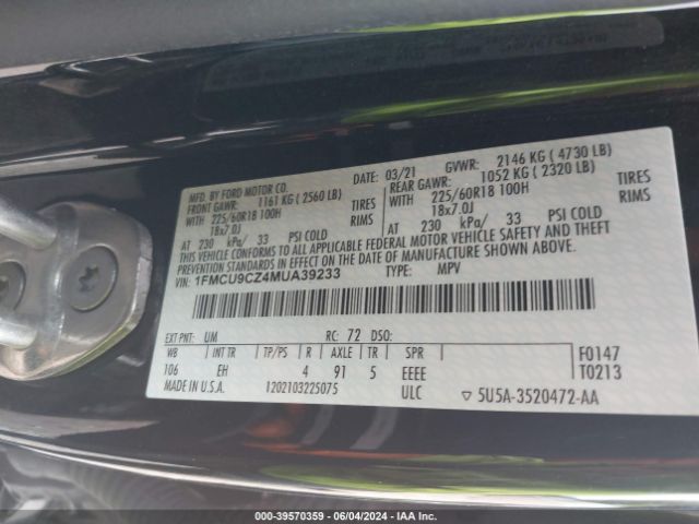1FMCU9CZ4MUA39233 Ford Escape Sel Hybrid