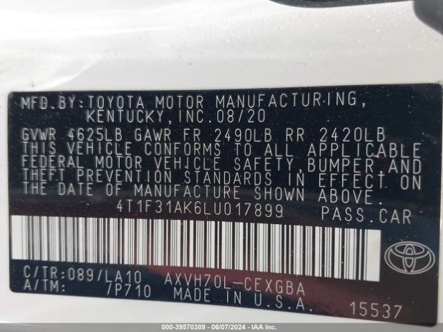 4T1F31AK6LU017899 Toyota Camry Xle Hybrid