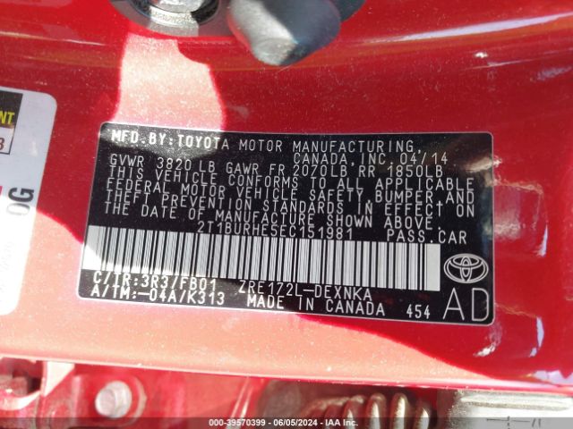 2T1BURHE5EC151981 Toyota COROLLA LE