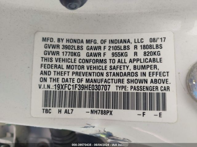 19XFC1F39HE030707 Honda Civic Ex-t