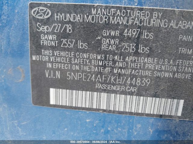 5NPE24AF7KH744839 Hyundai SONATA SE