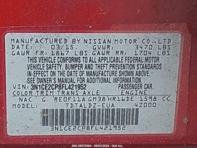 3N1CE2CP8FL421952 Nissan Versa Note S (sr)/s Plus/sl/sr/sv
