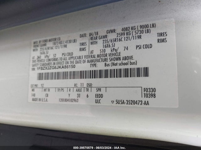 Ford Transit-350 Xlt 2018 1FBZX2ZG6JKA86150 Image 9