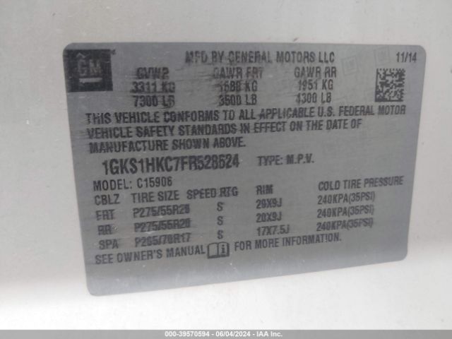 1GKS1HKC7FR528624 GMC Yukon Xl 1500 Slt