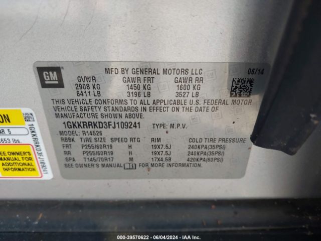 1GKKRRKD3FJ109241 GMC Acadia Slt-1
